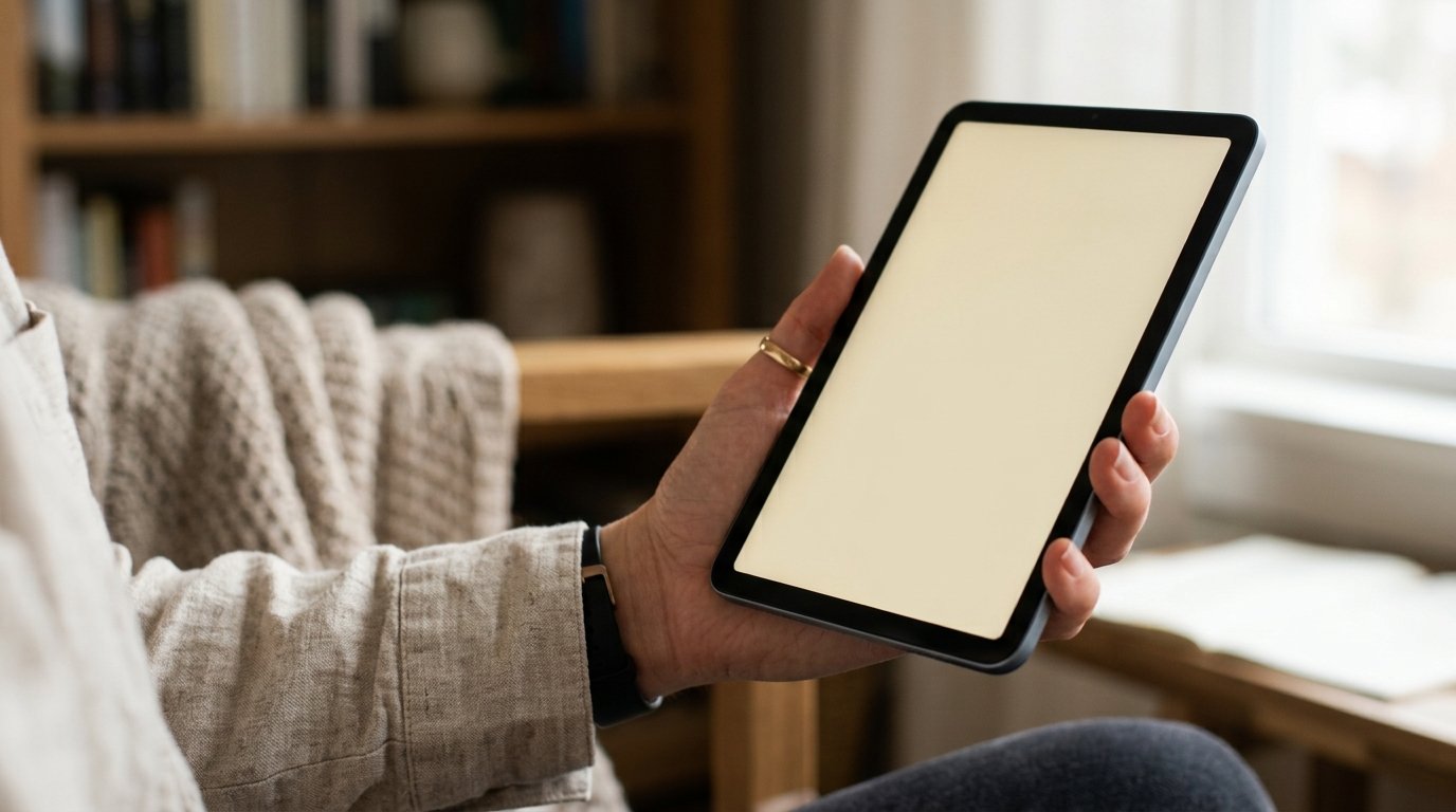A tablet being held in one hand while reading