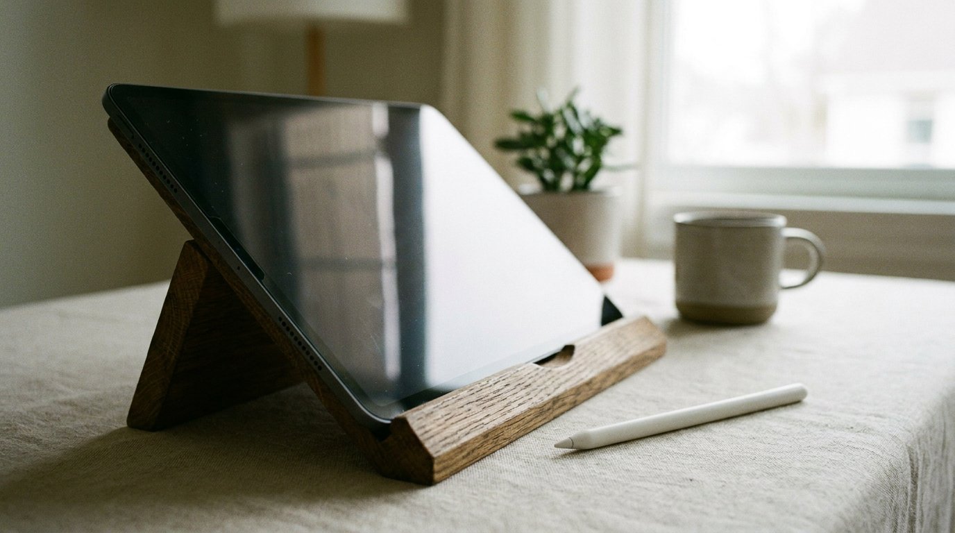 A large tablet propped on a stand with a stylus beside it