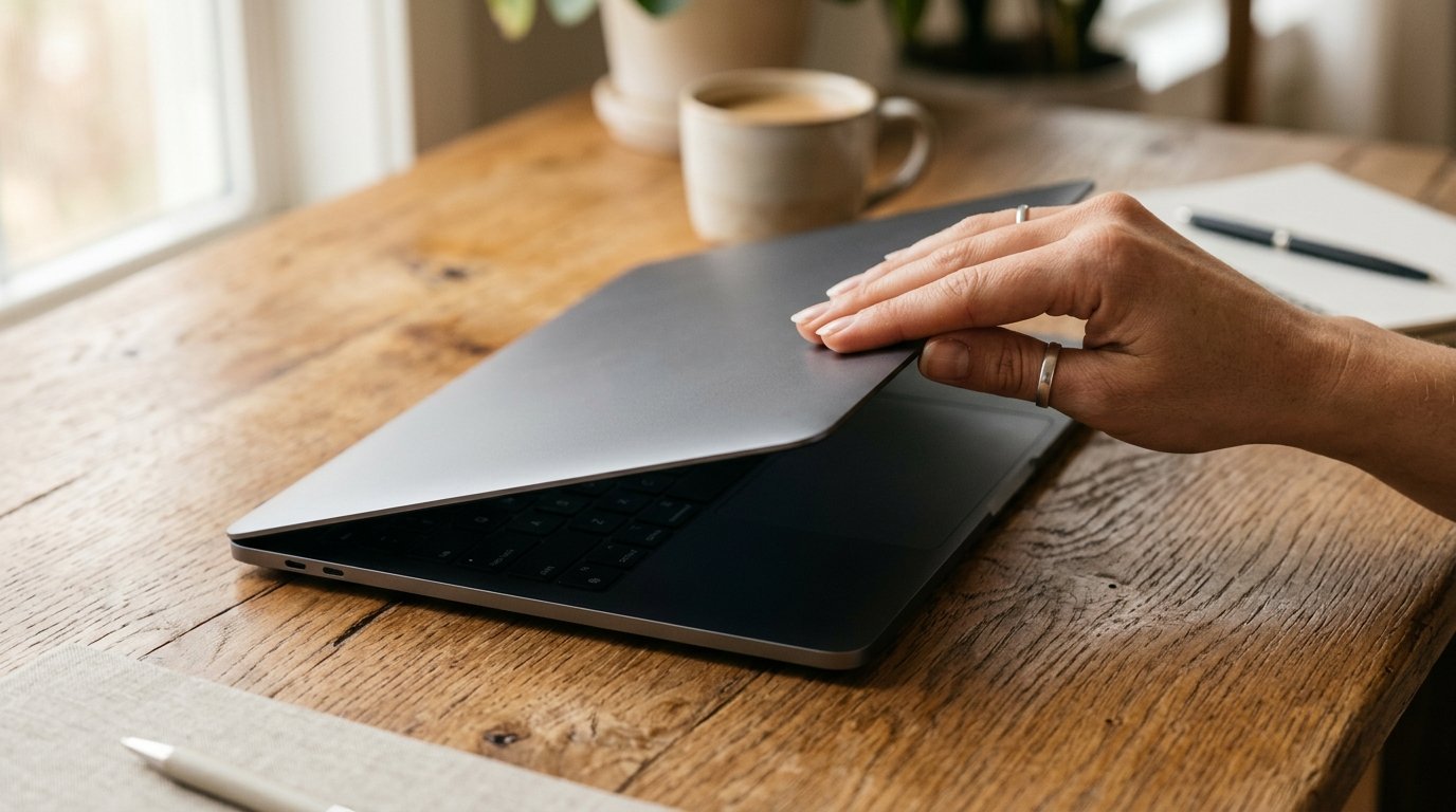 A slim laptop being closed on a desk