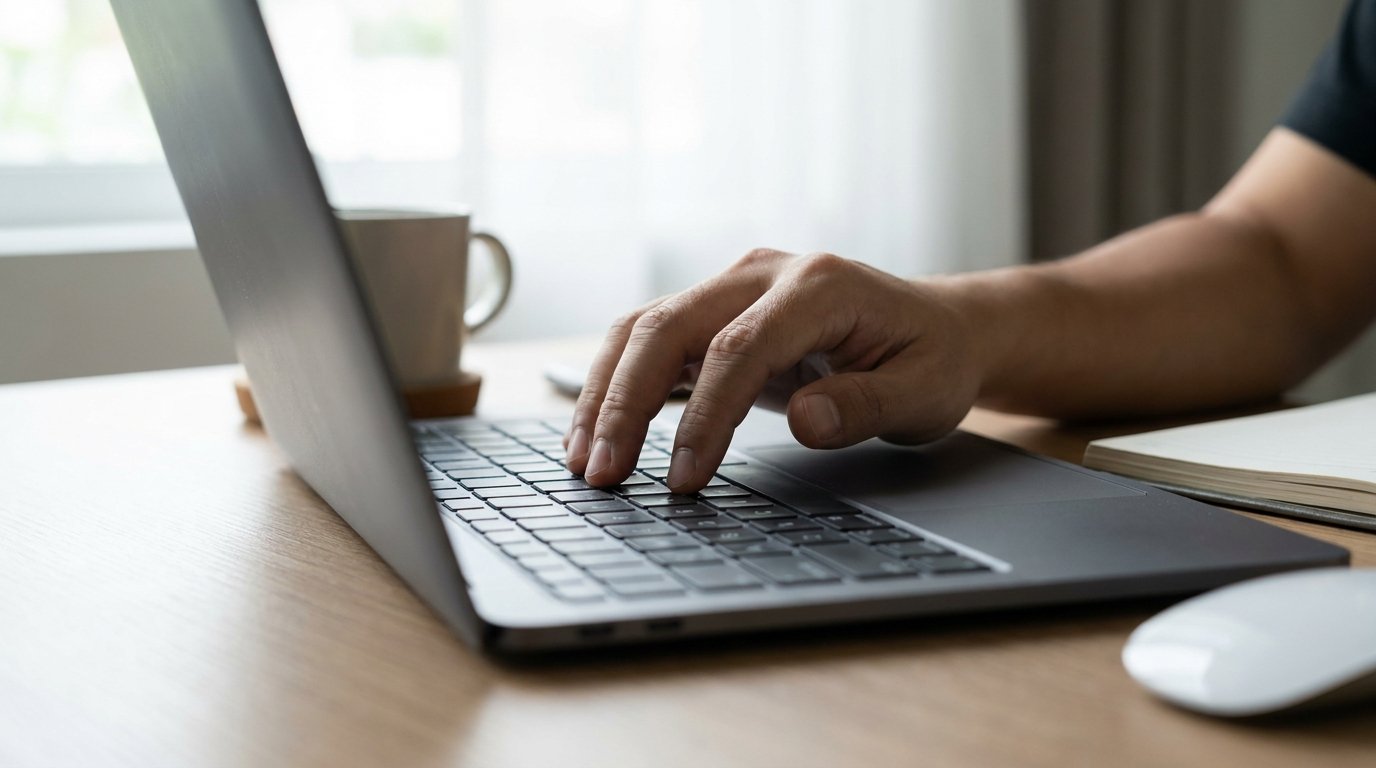 A hand typing on a laptop keyboard