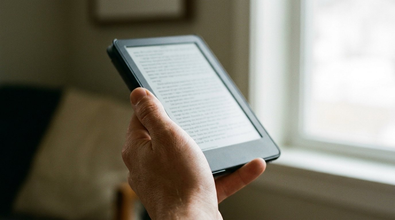 A Kindle e-reader being held in one hand while reading