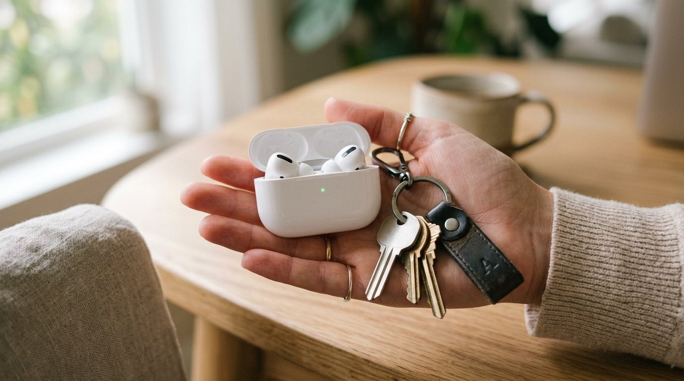 AirPods charging case held in an open hand