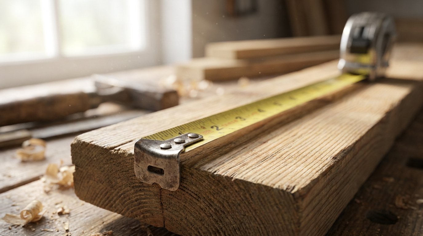 Tape measure blade extended across a wooden board