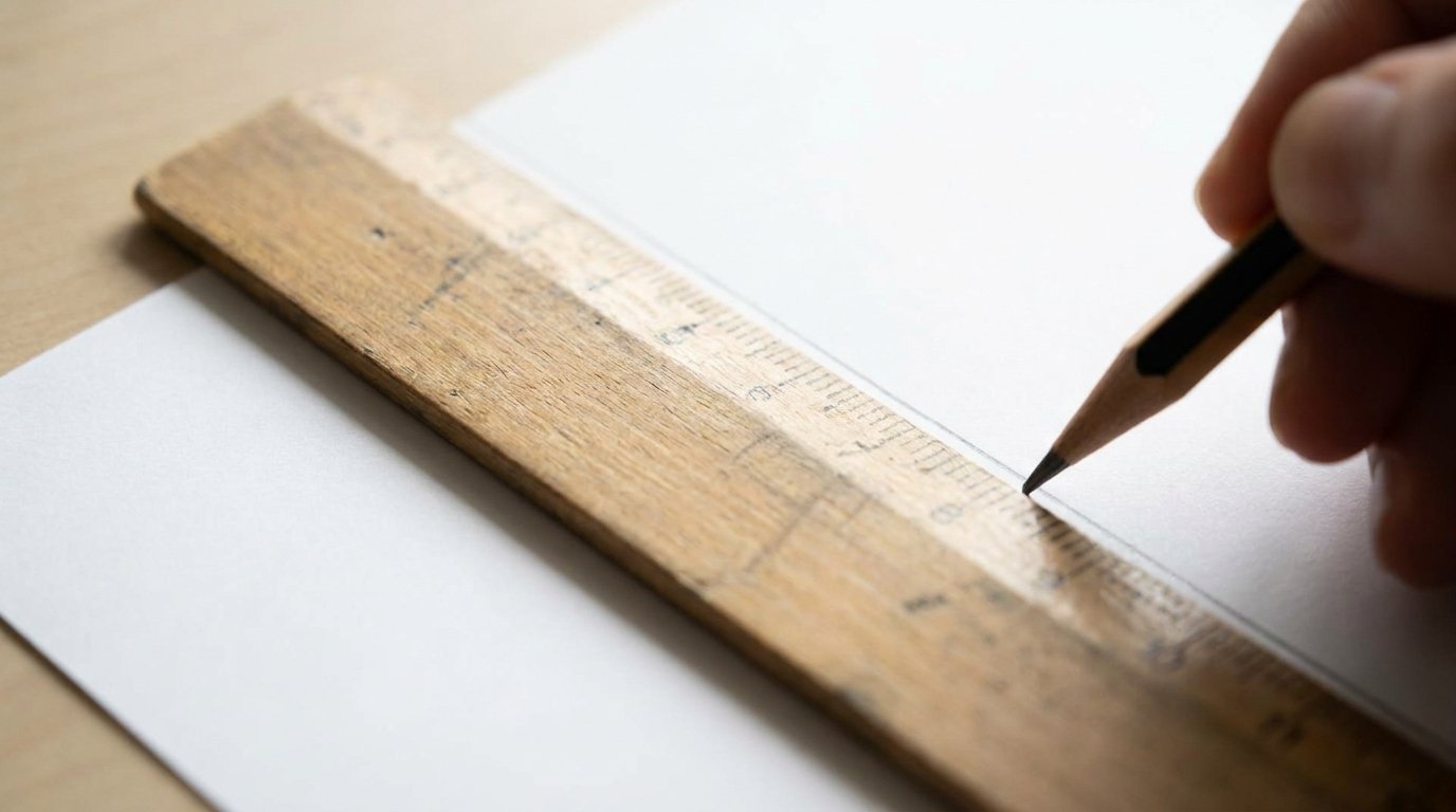 Wooden 12 inch ruler drawing a straight pencil line on paper