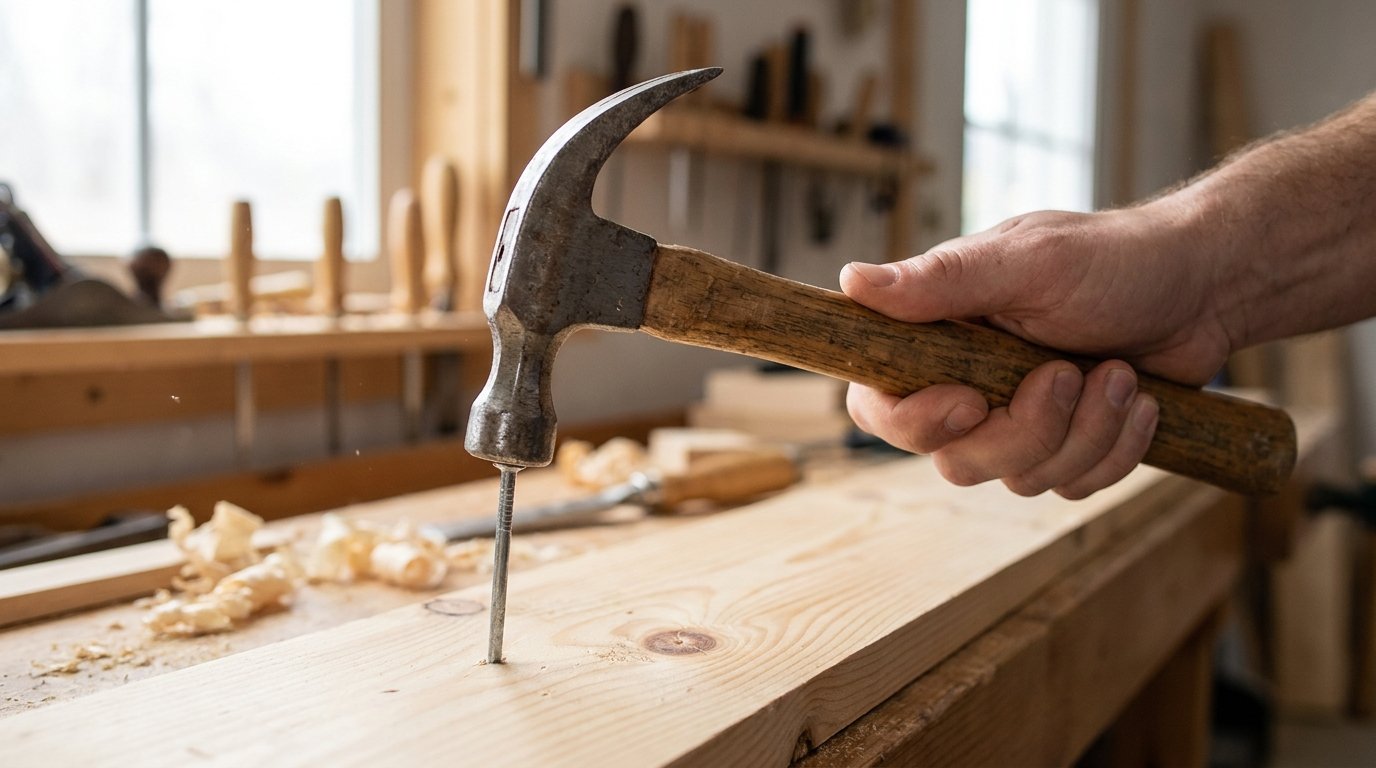 Claw hammer driving a nail into a wooden board