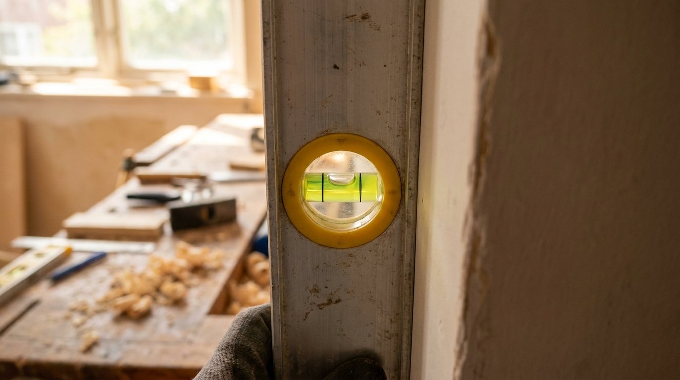 Checking wall alignment with a spirit level's center bubble vial