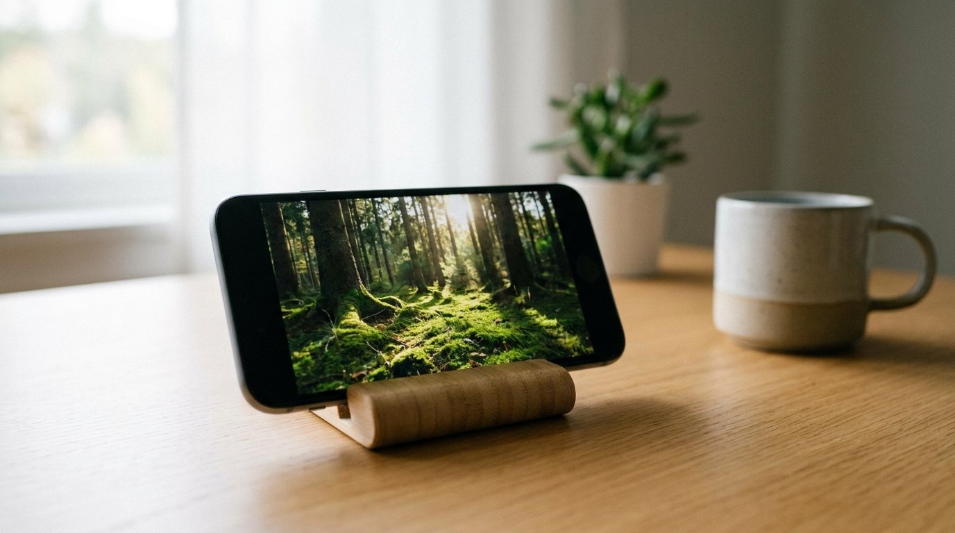 A smartphone propped on a stand playing video