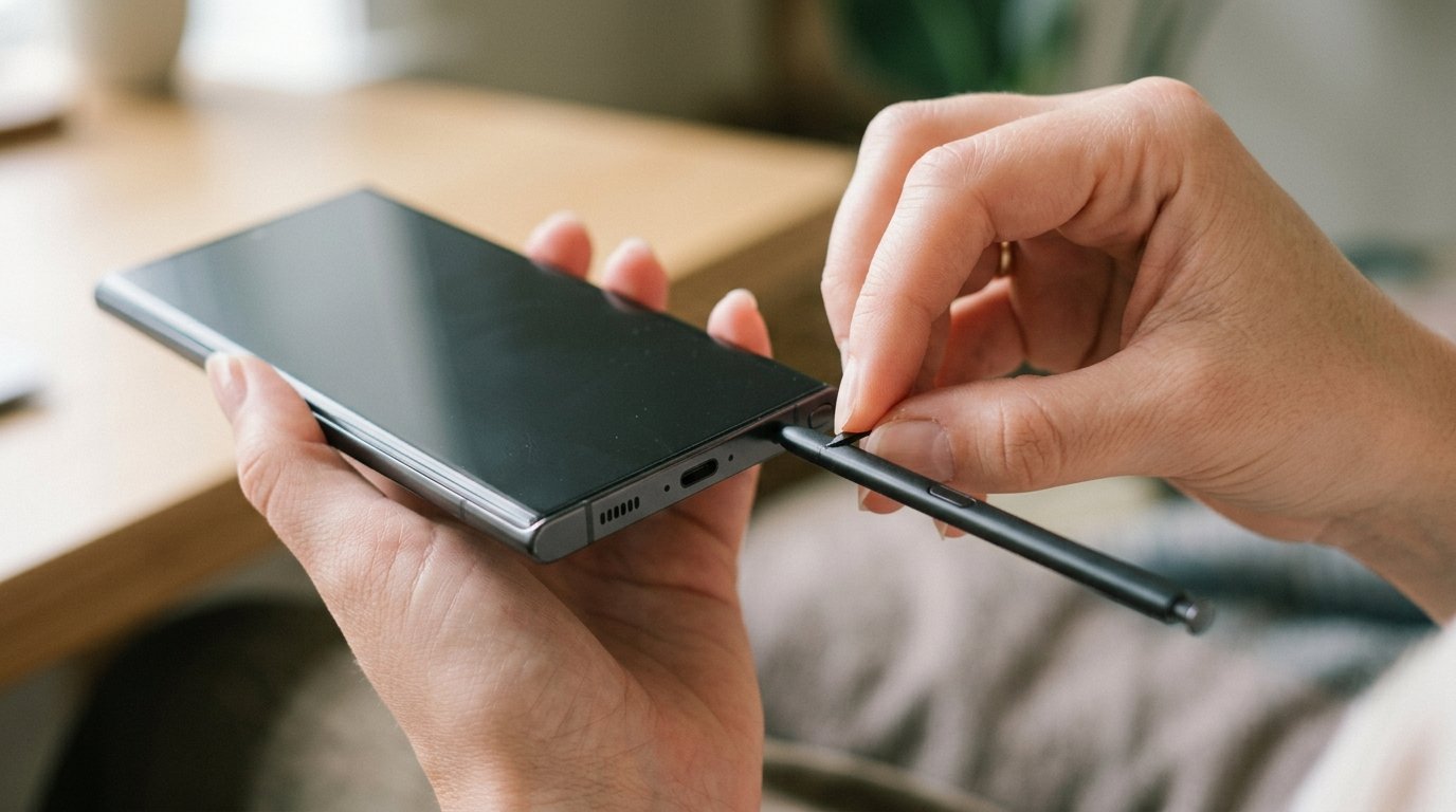 A hand pulling a stylus pen out from a large smartphone