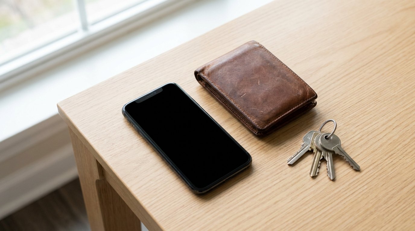 A smartphone resting flat next to a wallet and keys