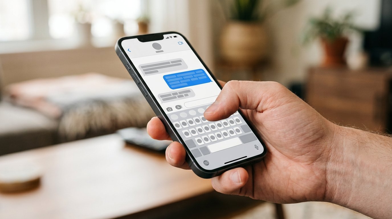 A hand holding a smartphone while typing with the thumb