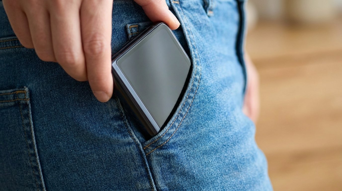 A compact smartphone slipping into a jeans pocket
