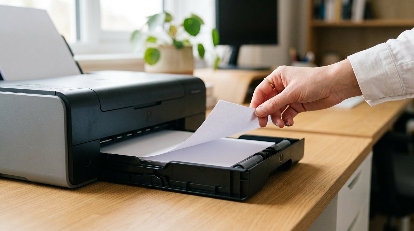 A hand pulling a sheet of A4 paper from a printer tray