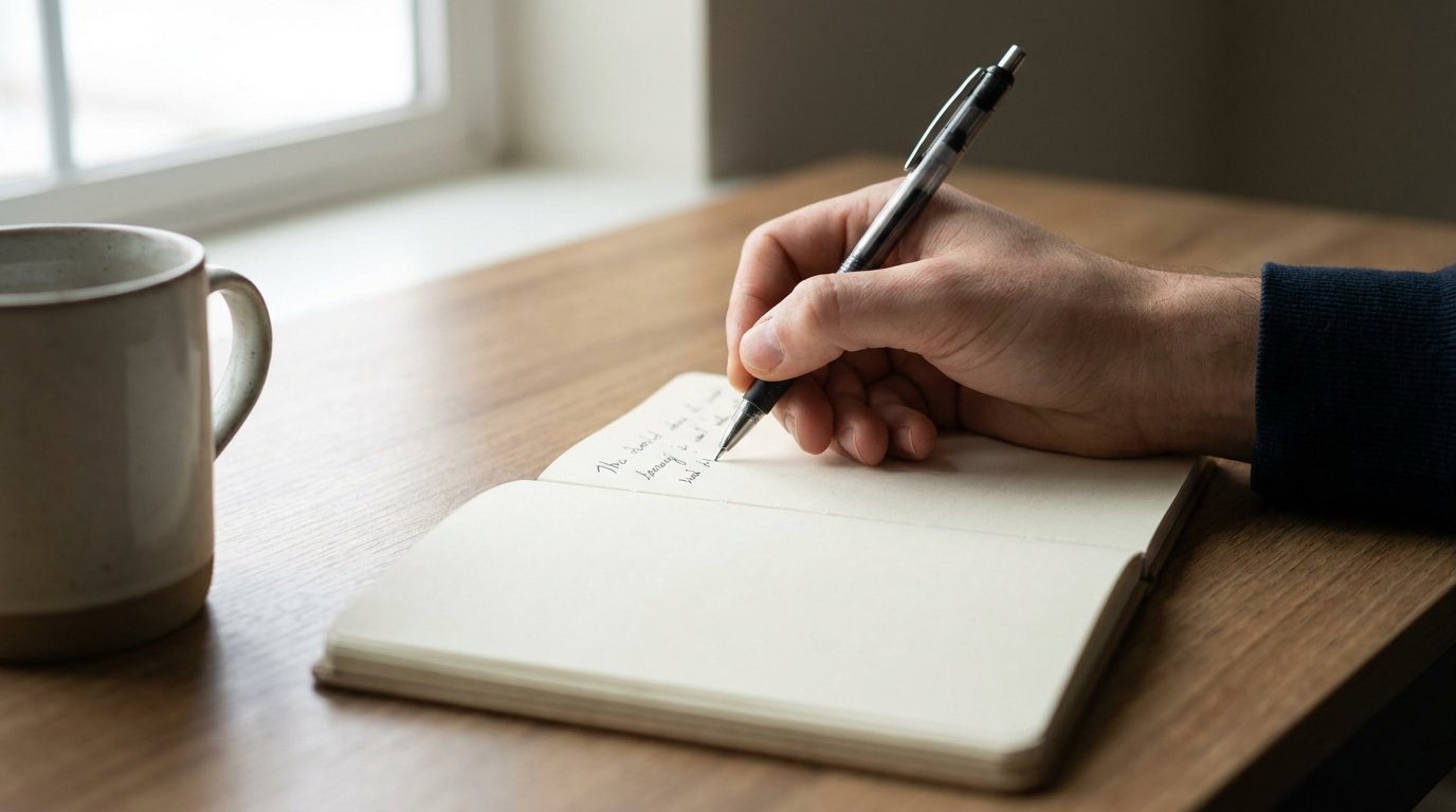 A hand writing in a small A5 notebook