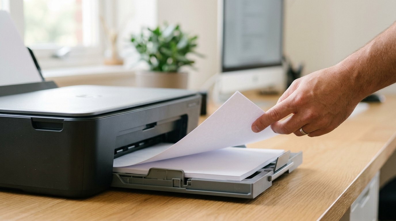 A hand pulling a sheet of paper from a printer tray