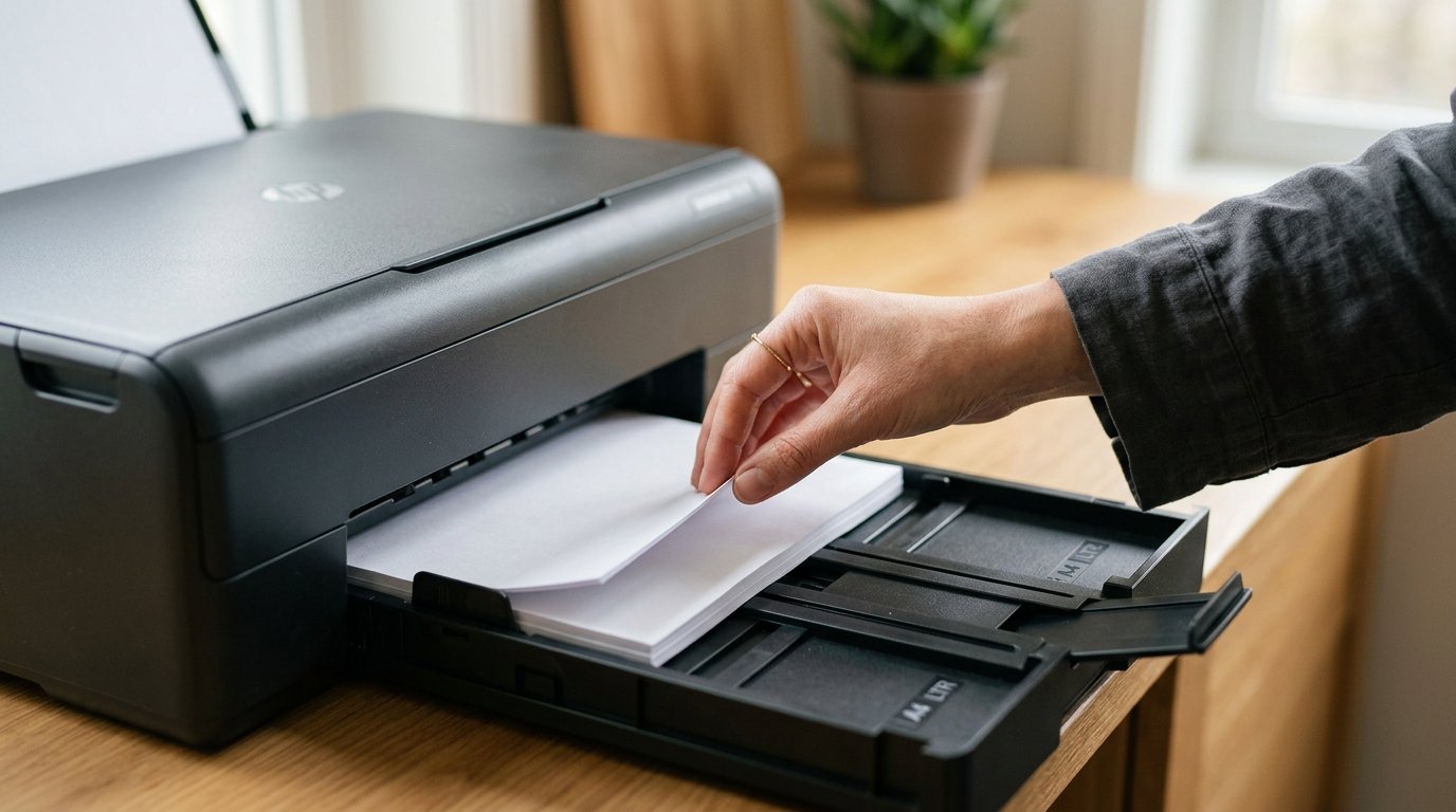 A hand feeding paper into a printer tray