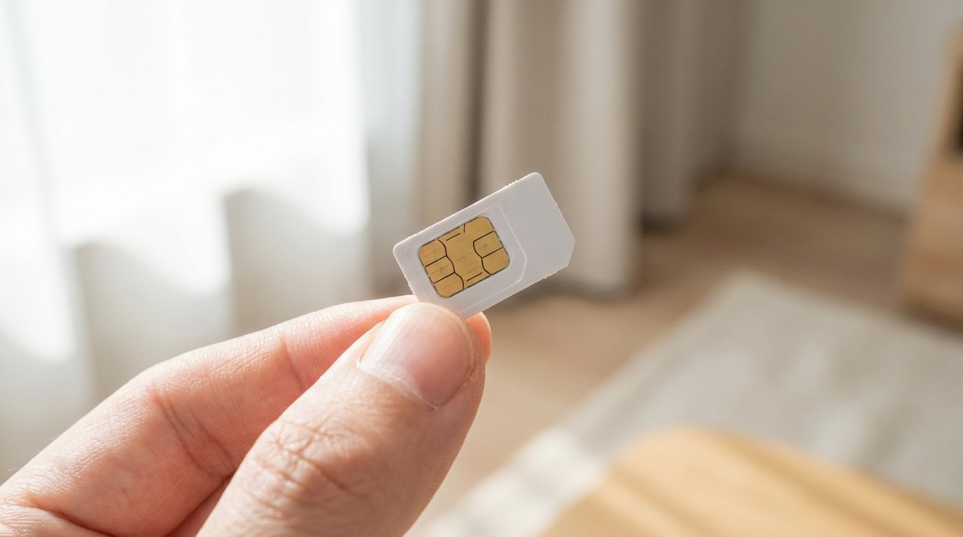 A hand holding a standard SIM card up to the light