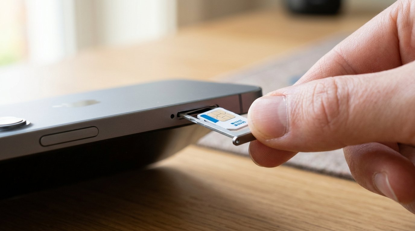 A SIM card being inserted into a smartphone tray