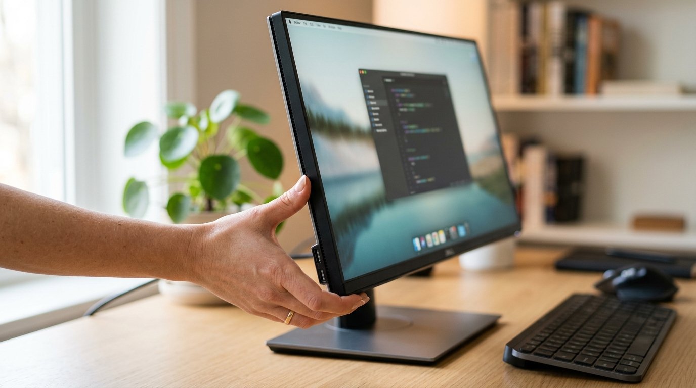 A hand adjusting the tilt of a desktop monitor