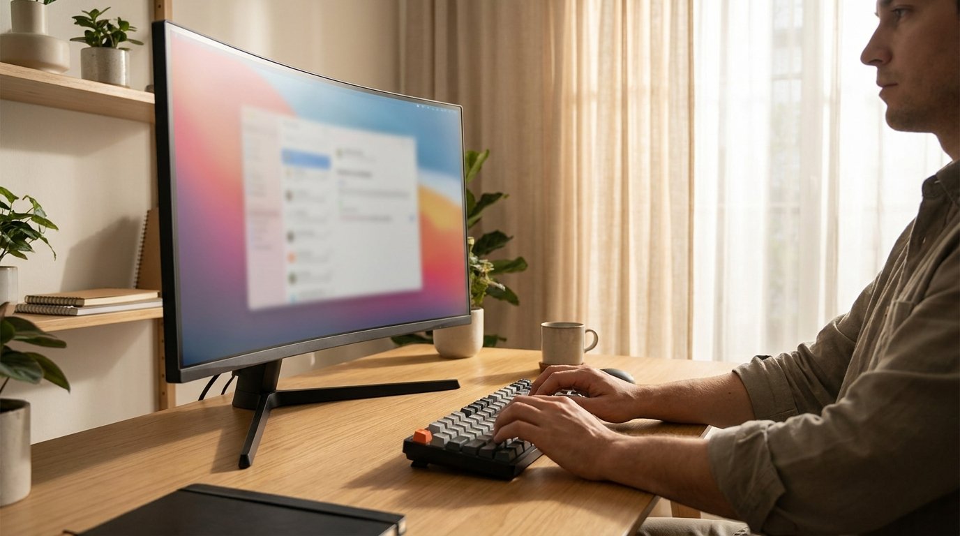 A person typing in front of a large desktop monitor