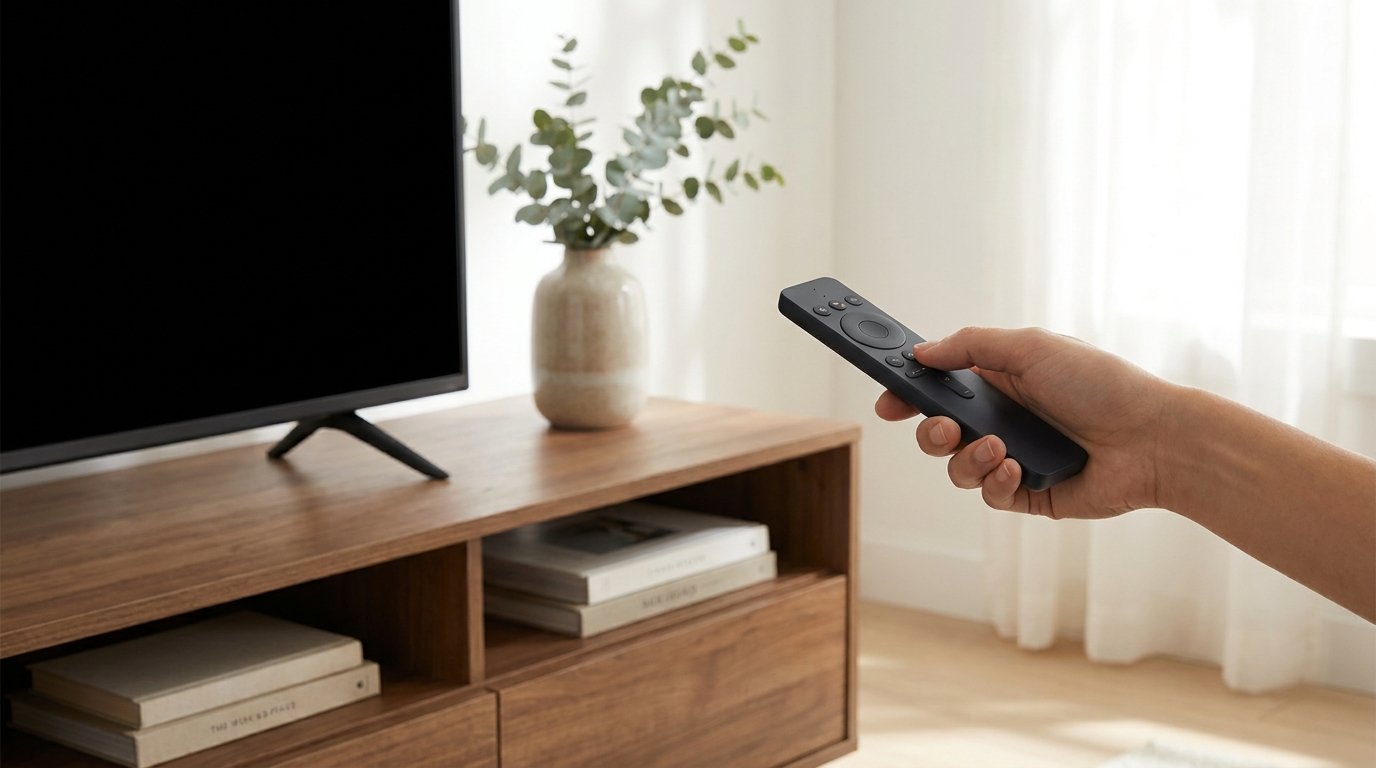 A remote control pointed at a TV on a media console