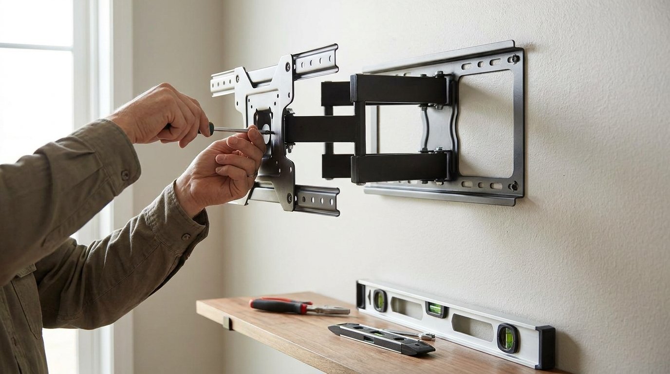 A person adjusting a wall-mounted TV bracket