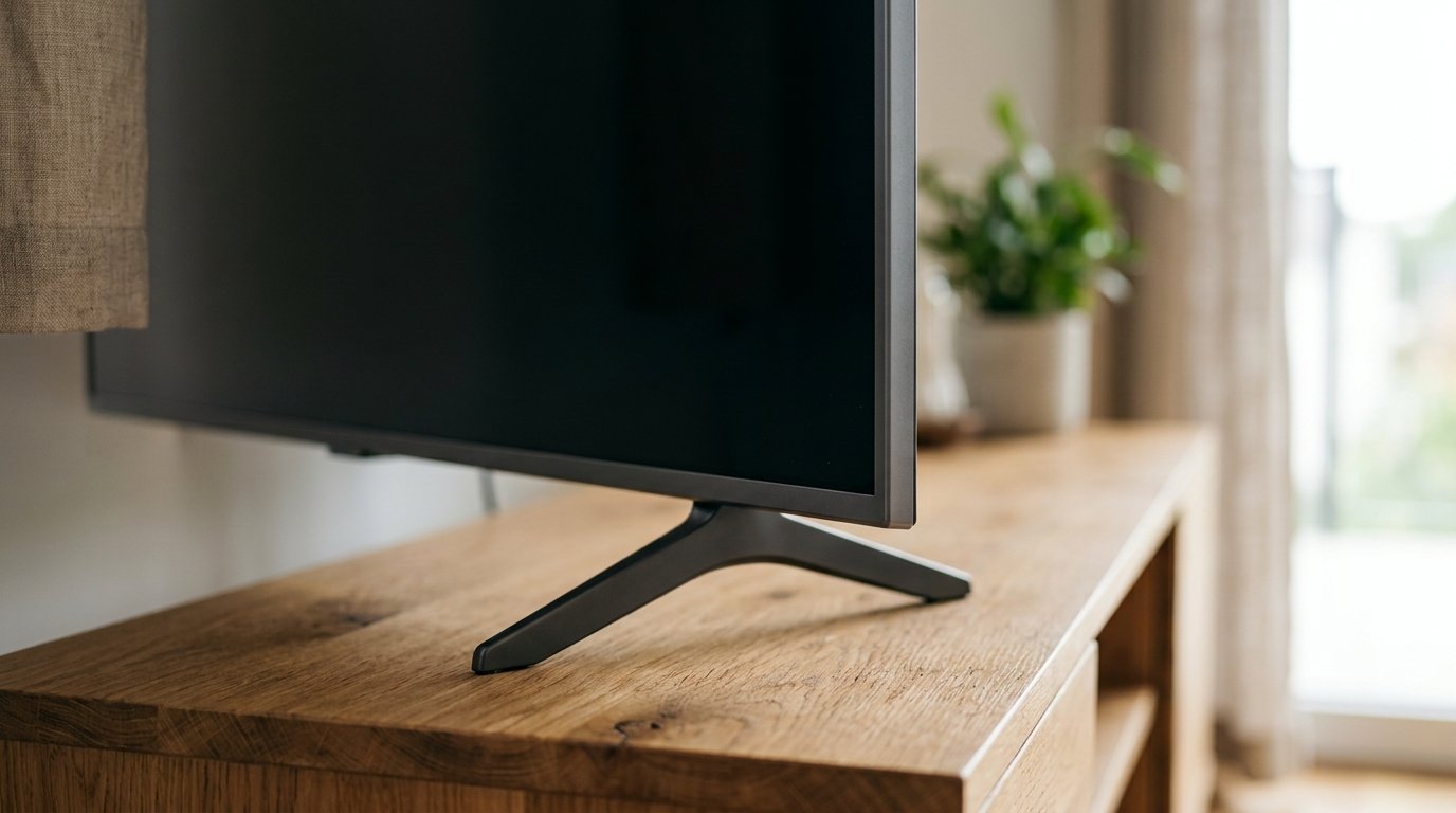 Close-up of a TV's thin bezel edge and stand