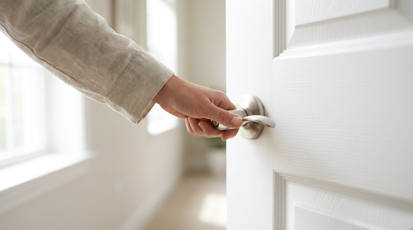 A hand turning a door handle on an interior door