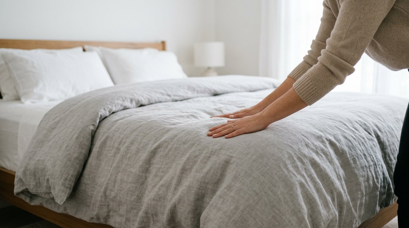 Smoothing a duvet over a queen bed