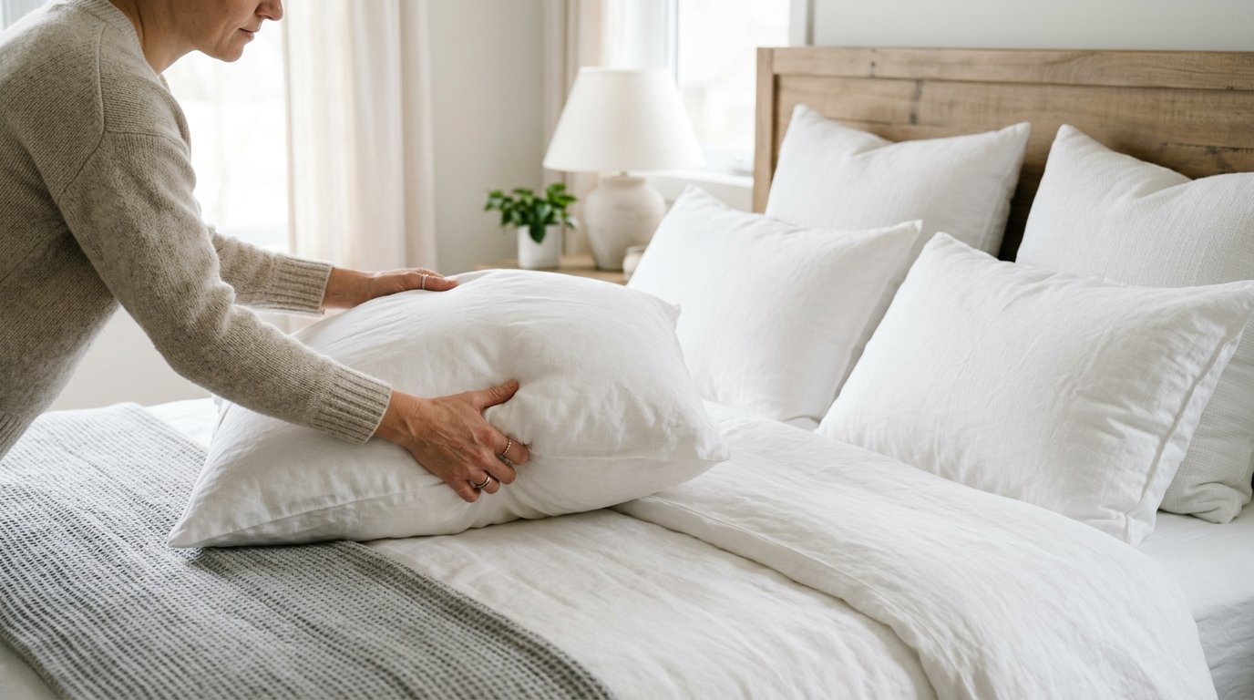 Fluffing pillows on a large made bed