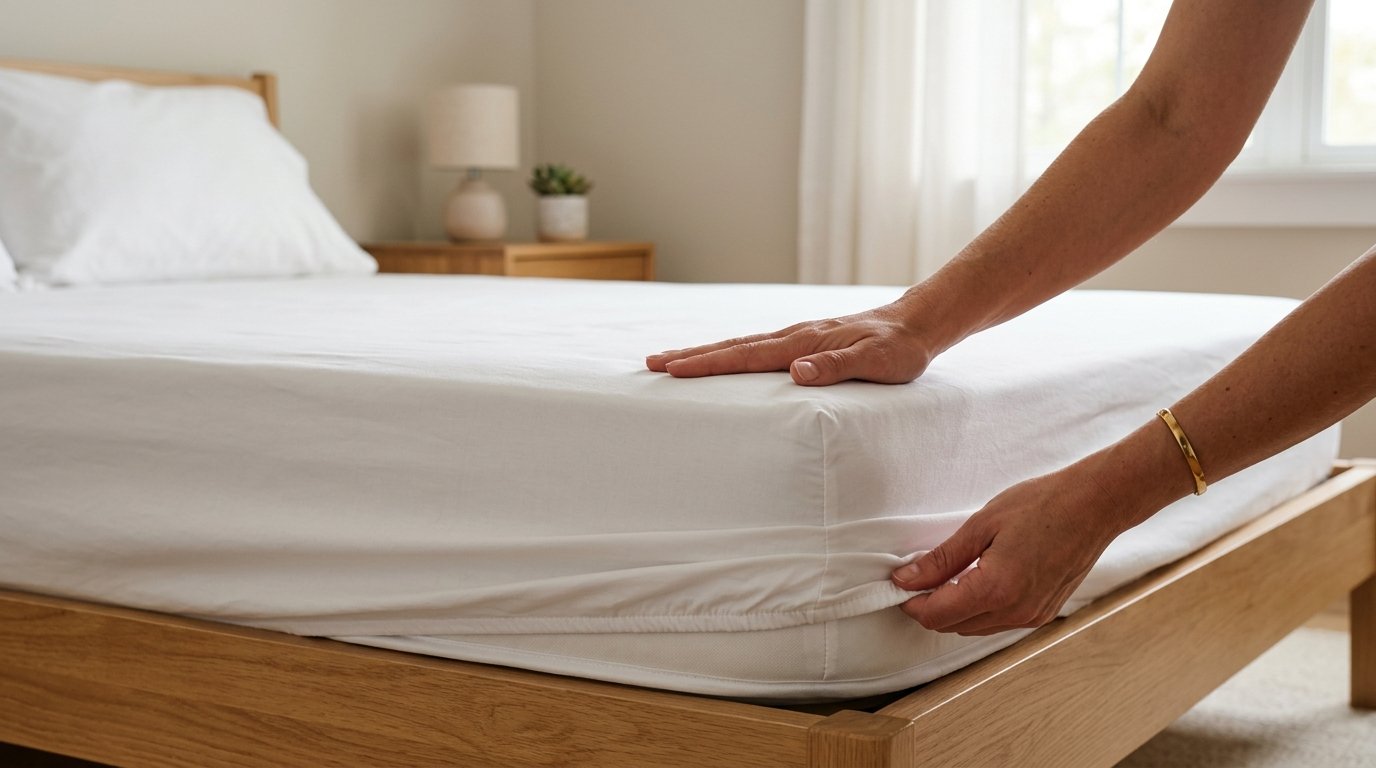 Hands smoothing a fitted sheet onto a twin mattress