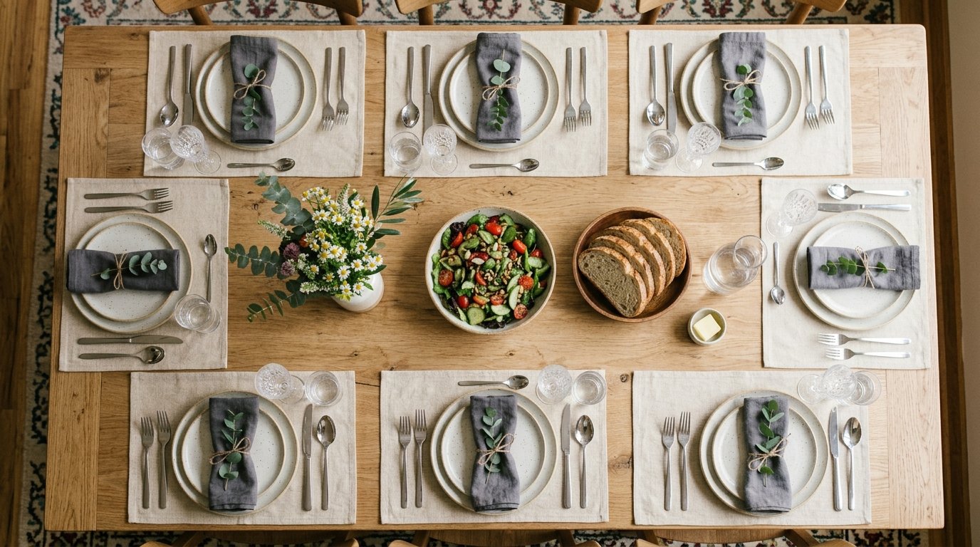 A dining table set with plates and glasses for a meal