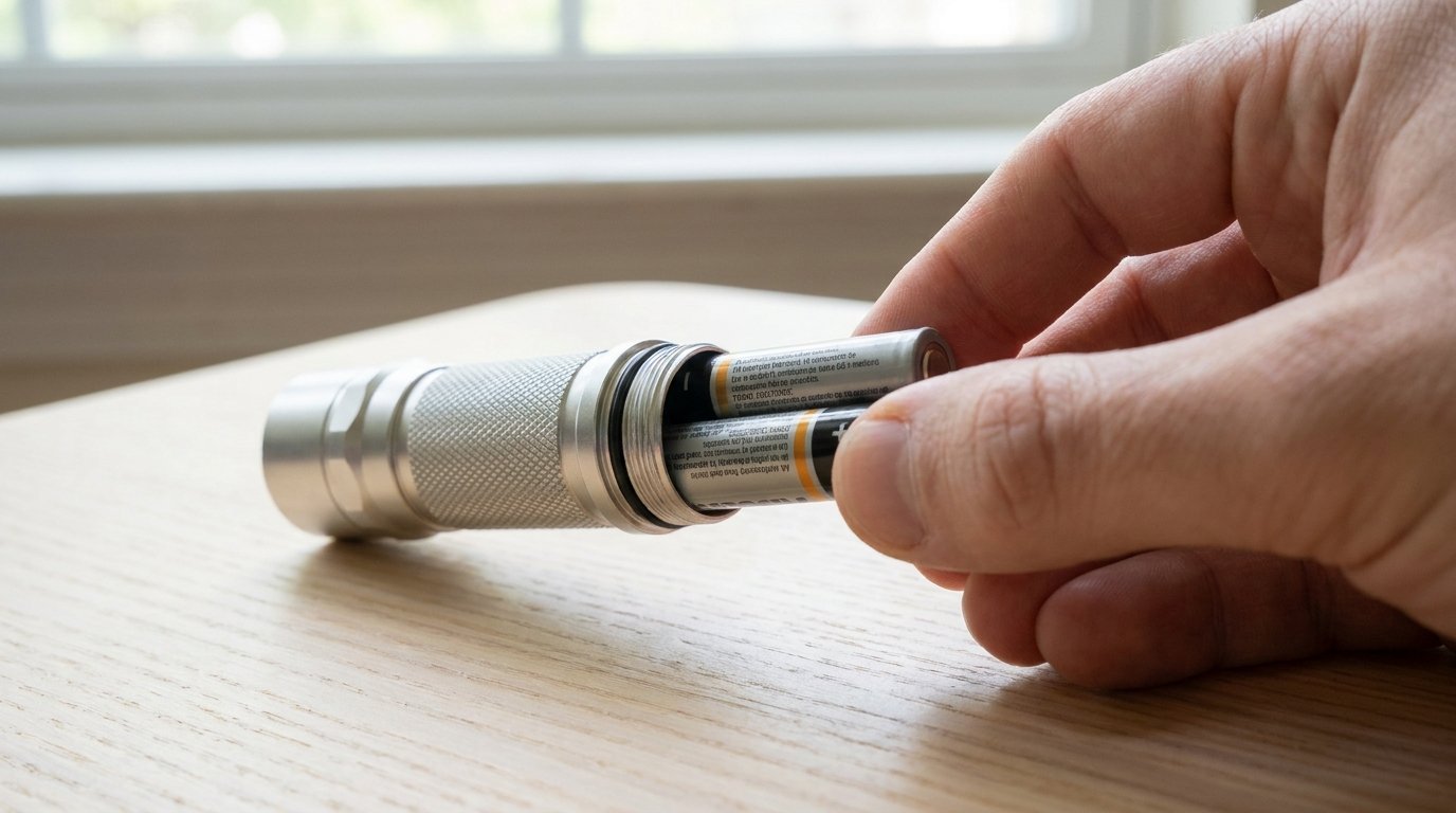 AA batteries being inserted into a flashlight