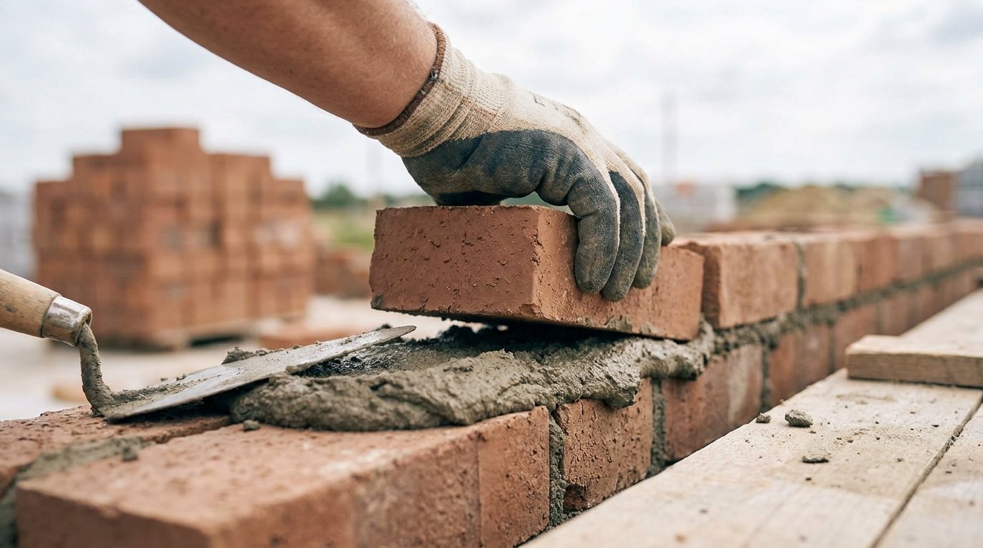A hand placing a brick onto a mortar bed