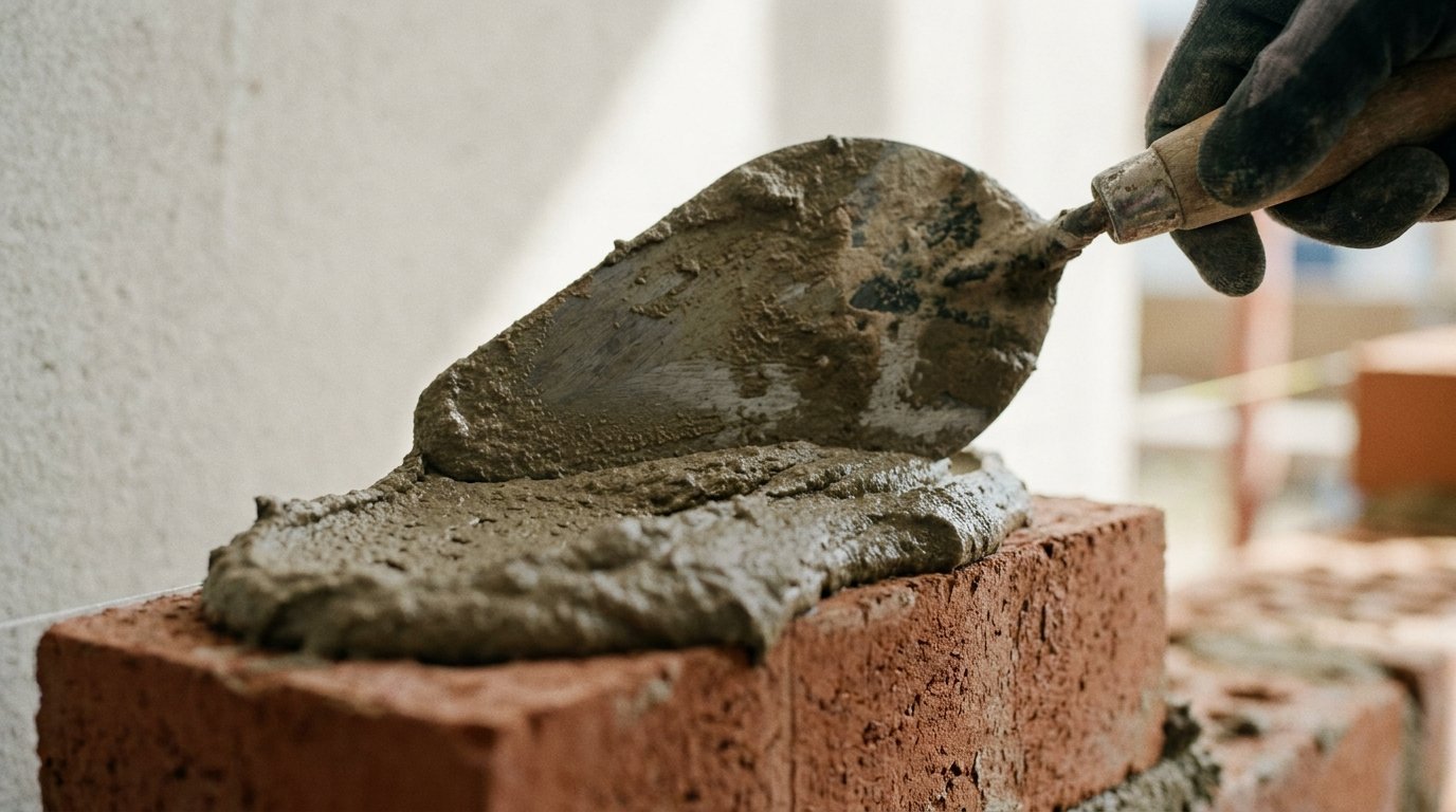 A bricklayer's trowel spreading mortar on a brick