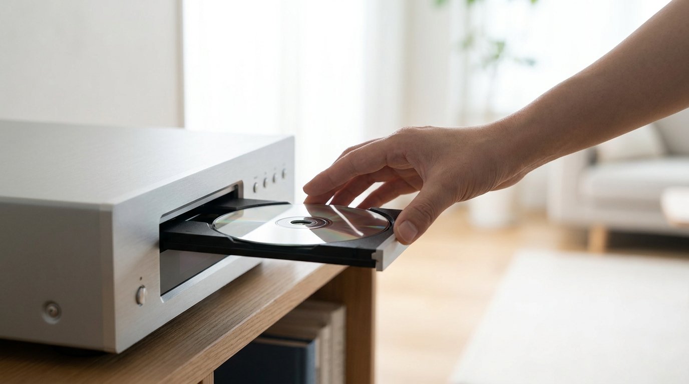 A CD being inserted into a CD player tray