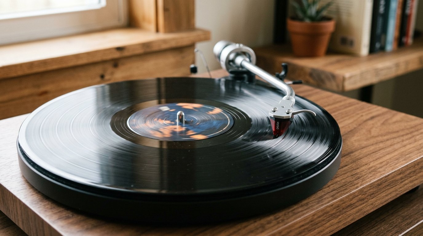 A vinyl record spinning on a turntable