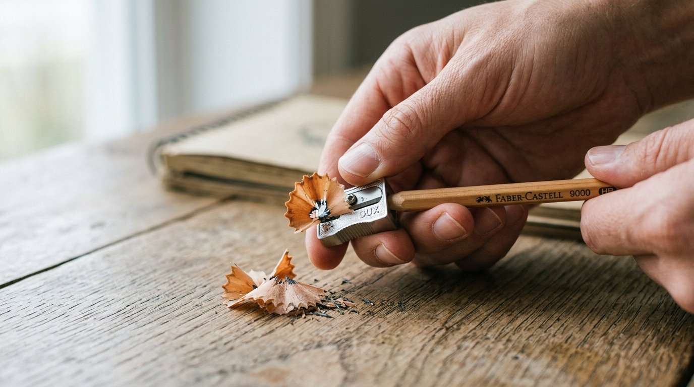 A hand sharpening a wooden pencil