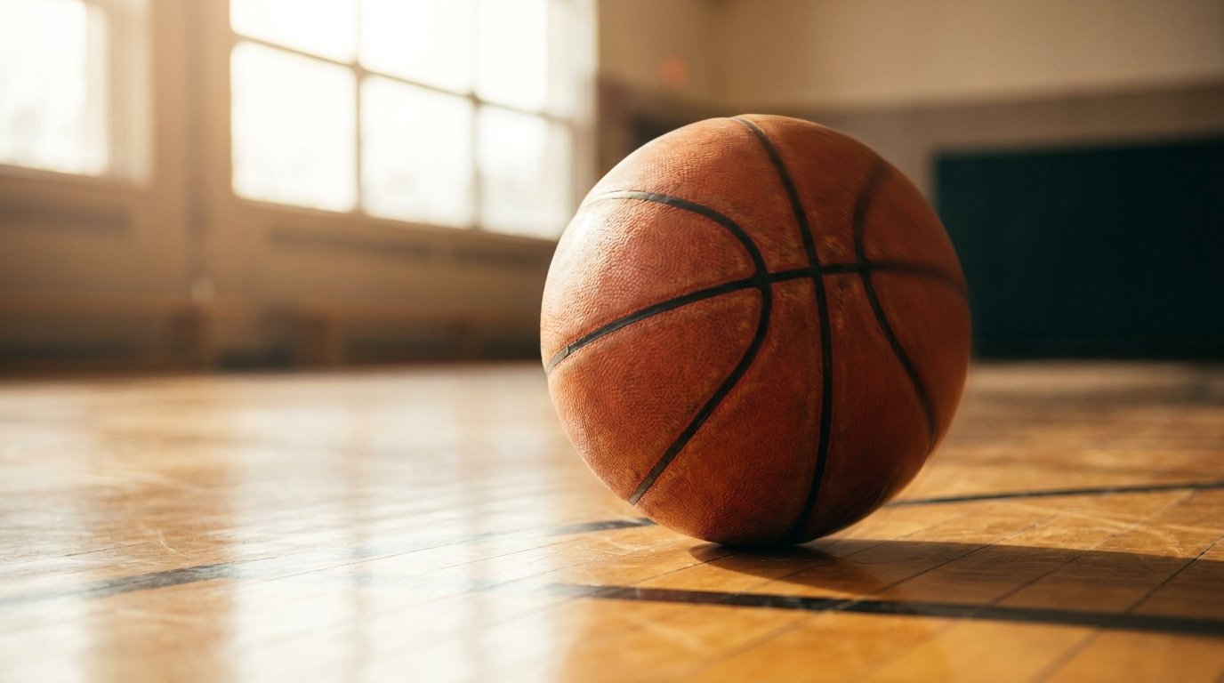 A basketball mid-bounce on a court