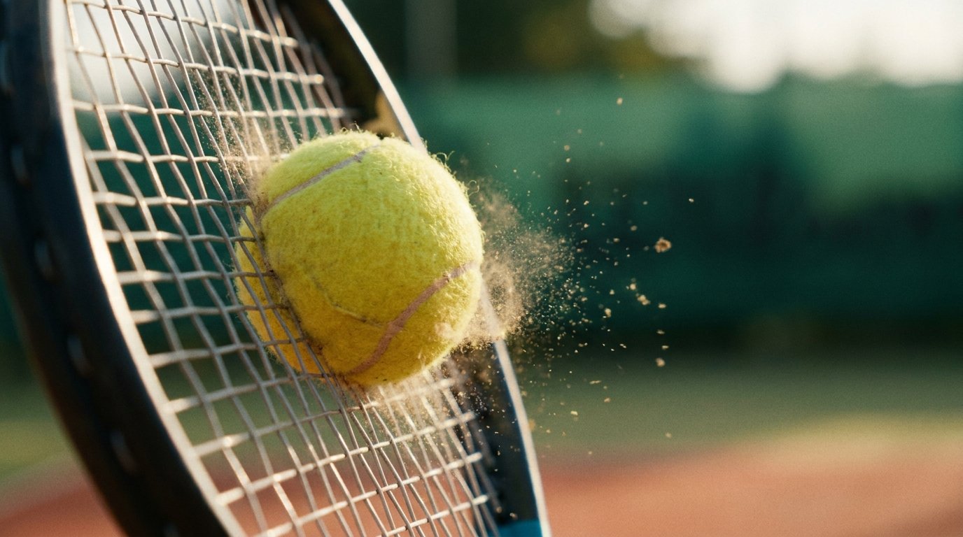 A tennis ball being struck by racquet strings