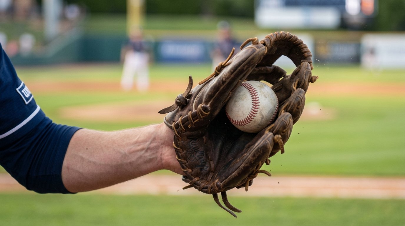 A baseball being caught in a leather glove