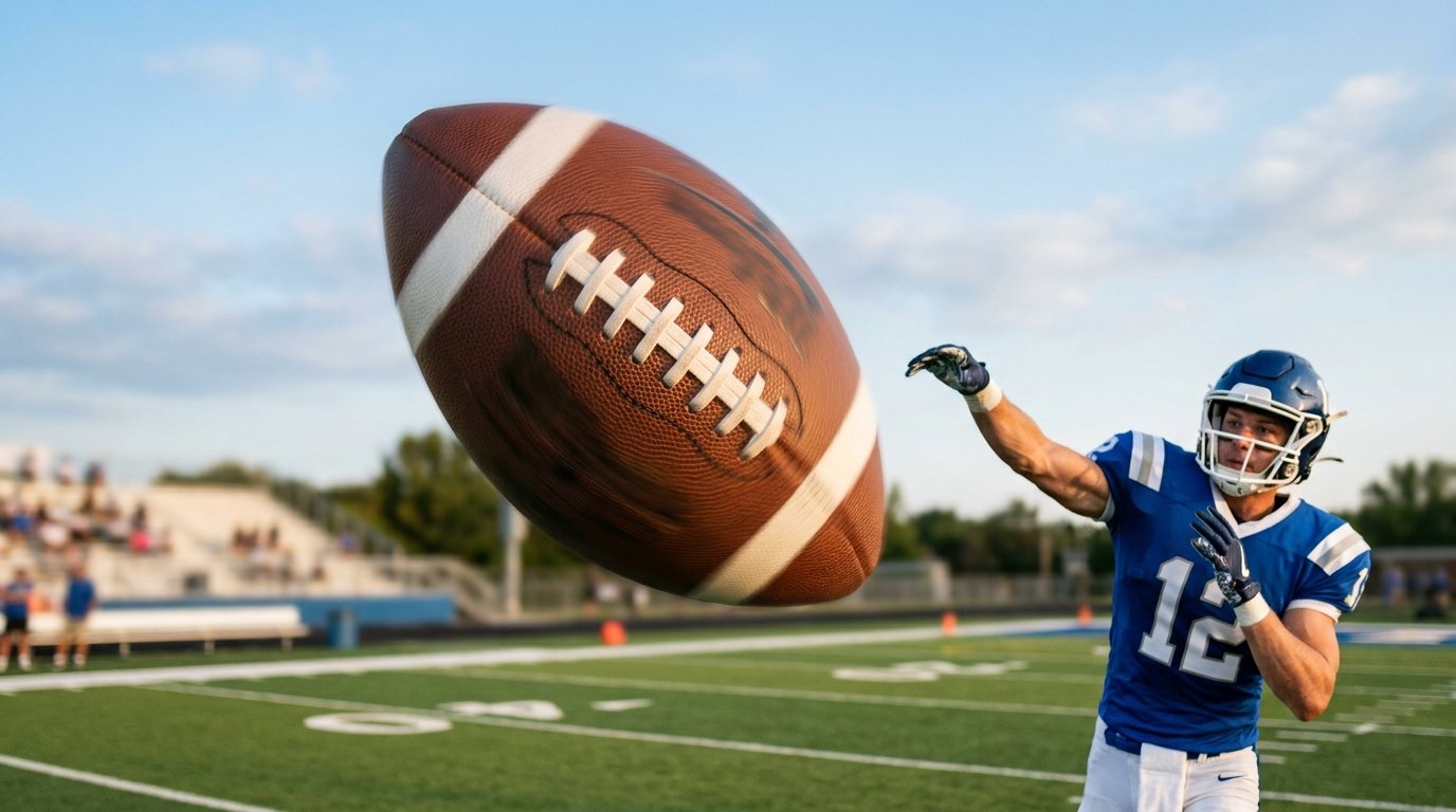 A football being thrown mid-air with spiral spin
