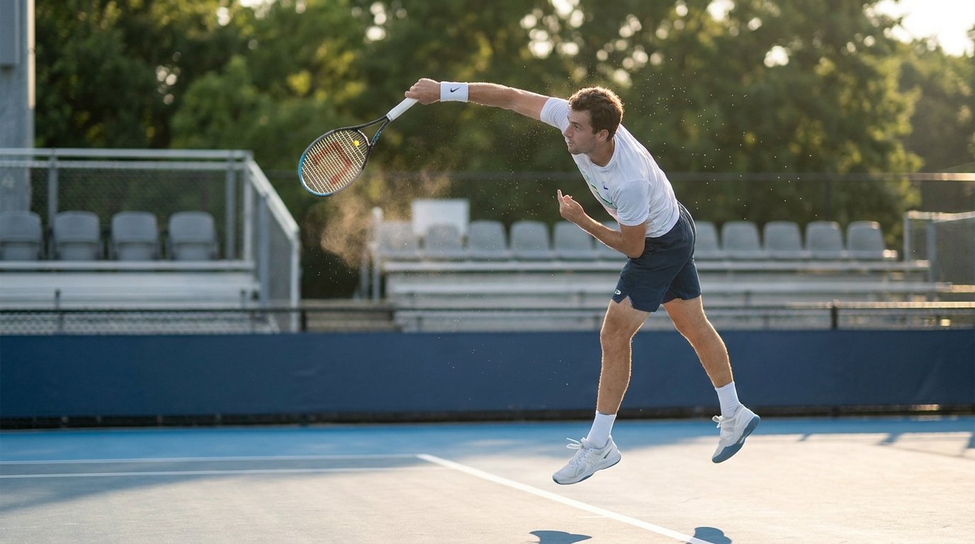 A tennis player serving on a hard court
