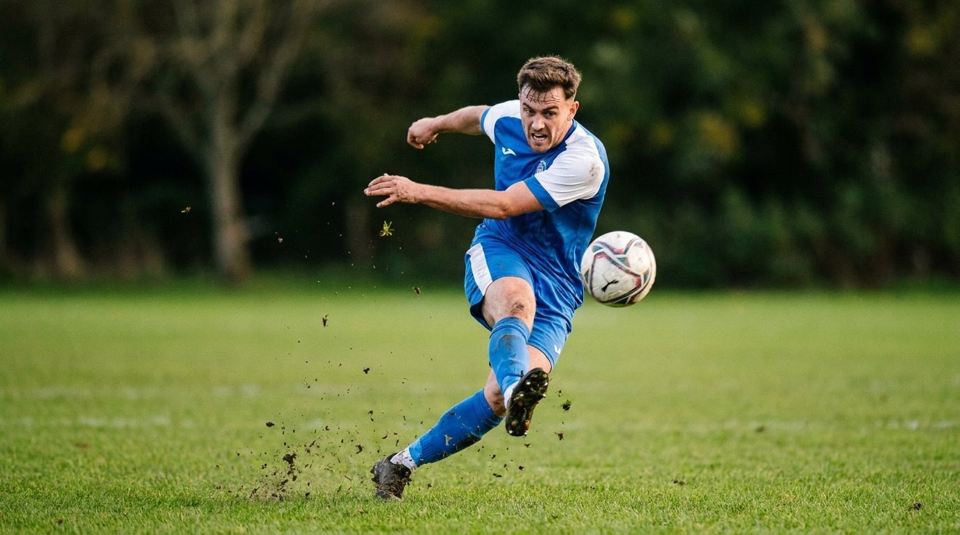 A soccer player mid-kick on a grass field