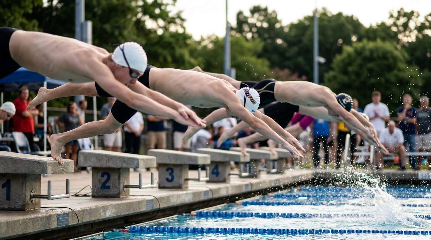 Swimmers diving off starting blocks at the start of a race