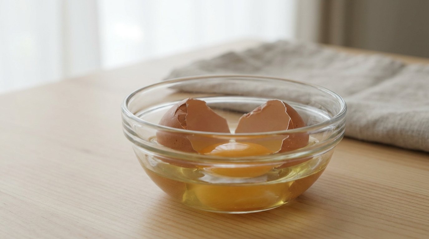 A cracked chicken egg with visible yolk in a glass bowl