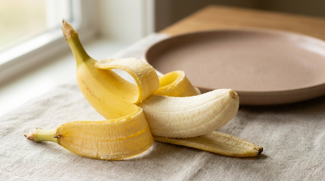 A partially peeled banana with the peel pulled back