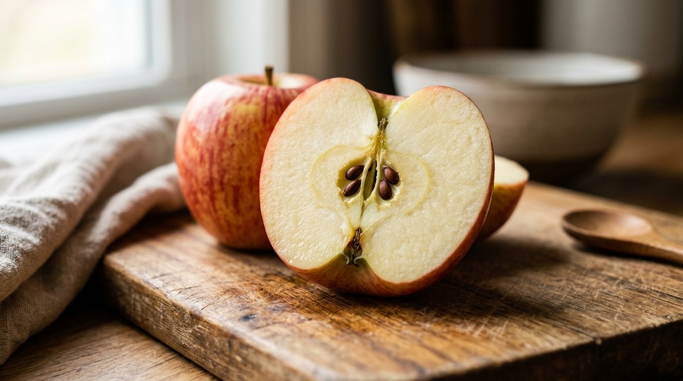 A sliced apple showing its core and seeds