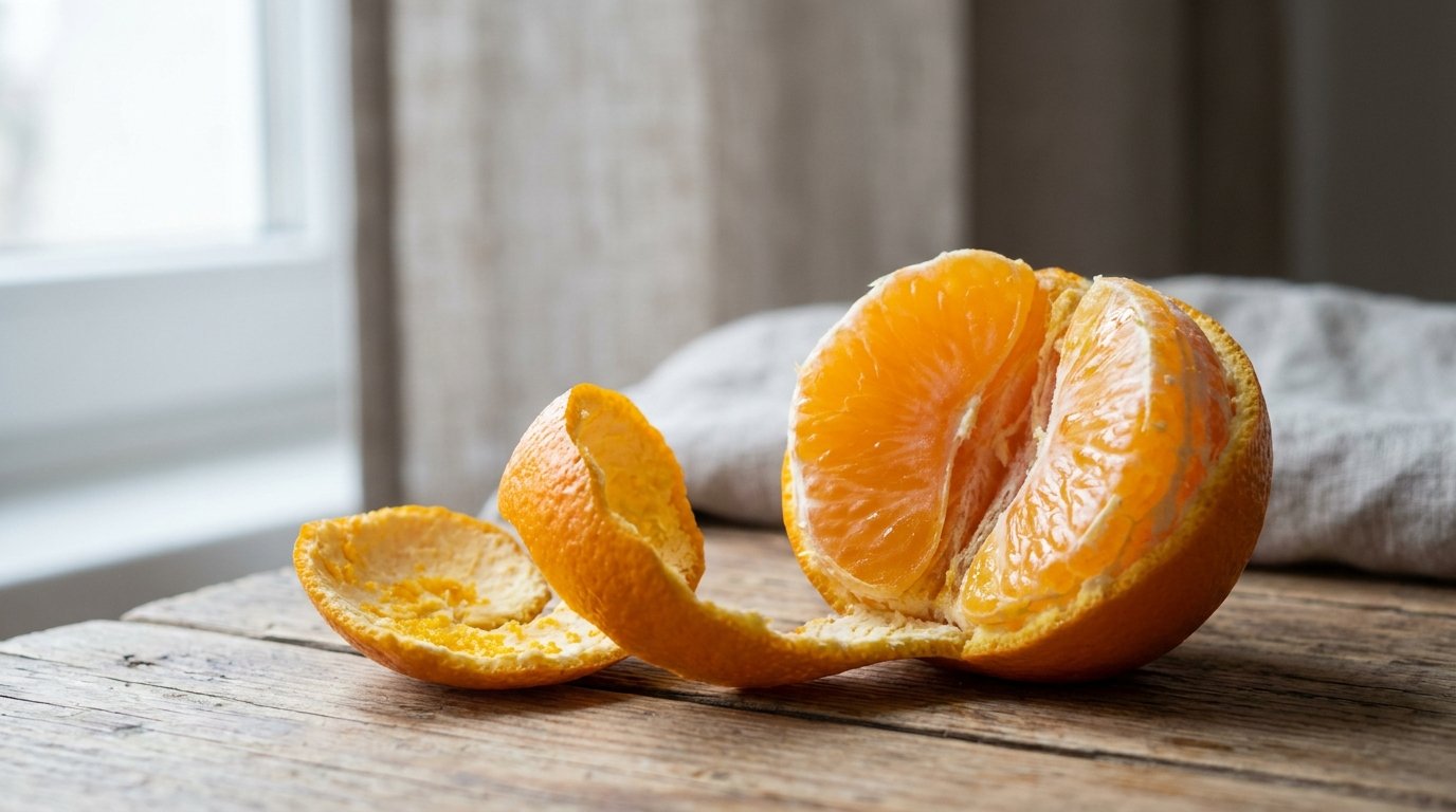 A peeled orange showing its segmented flesh