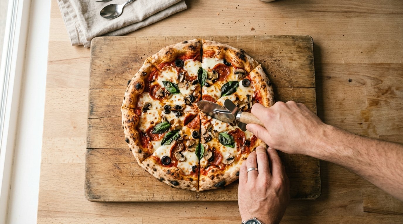 A pizza being cut into slices with a pizza cutter