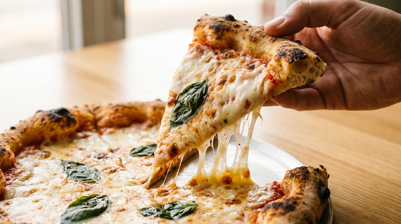 A pizza slice being lifted with melted cheese stretching
